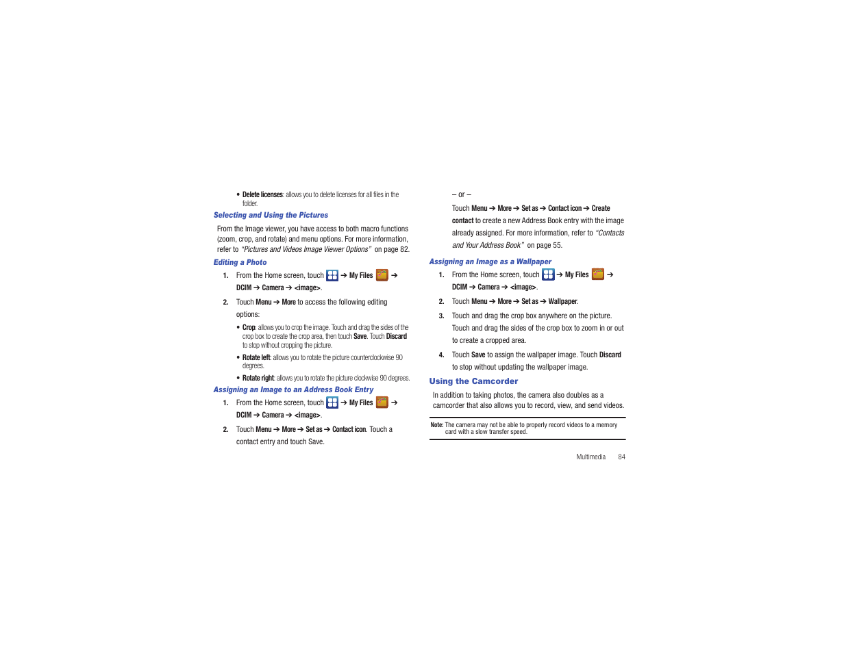 Using the camcorder | Samsung CAPTIVATE SGH-I897 User Manual | Page 89 / 193