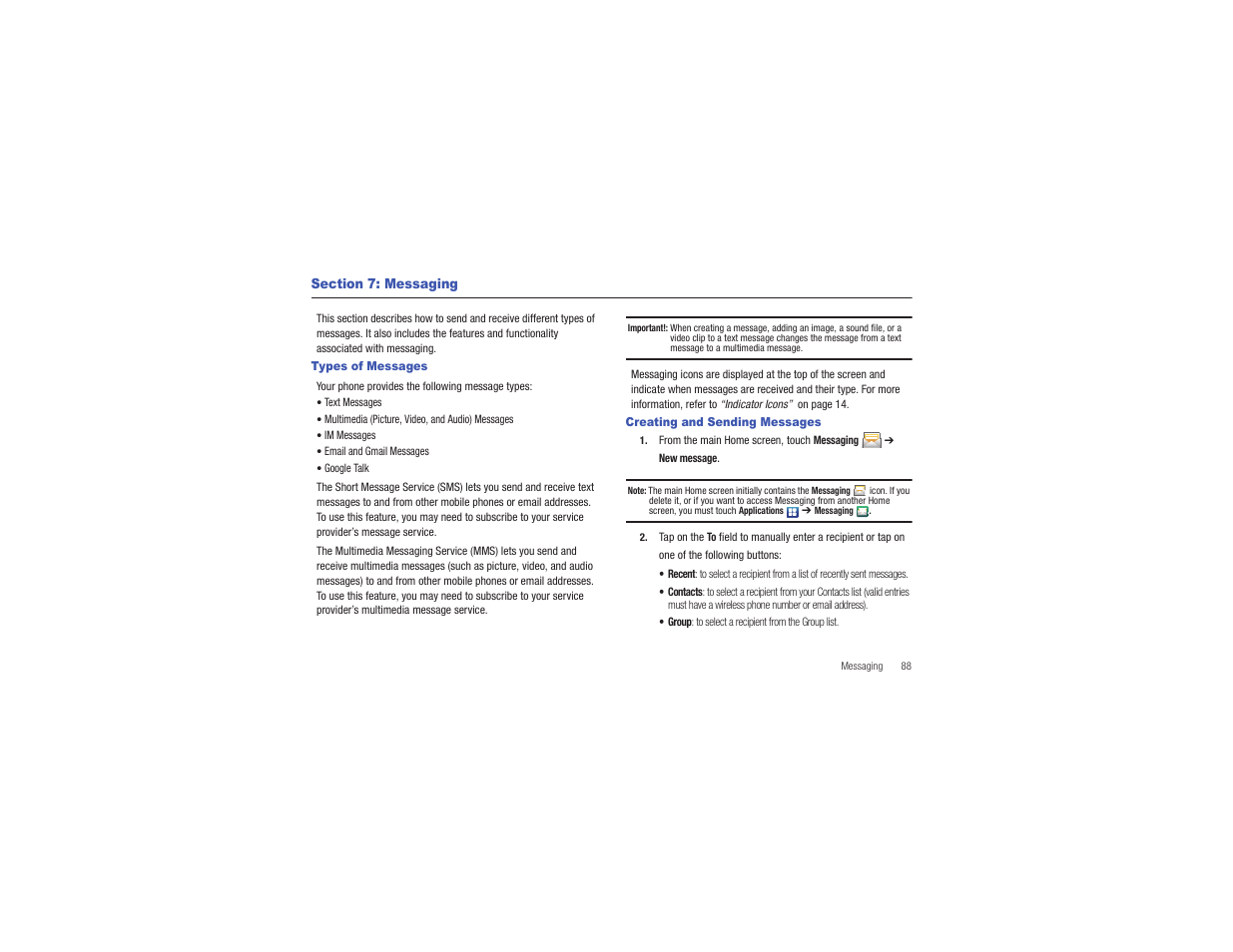 Section 7: messaging, Types of messages, Creating and sending messages | Types of messages creating and sending messages | Samsung CAPTIVATE SGH-I897 User Manual | Page 93 / 193