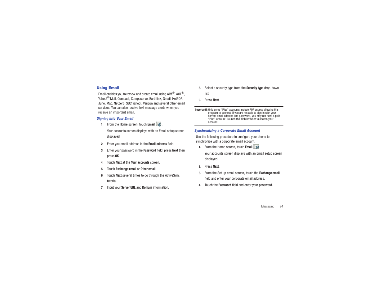 Using email | Samsung CAPTIVATE SGH-I897 User Manual | Page 99 / 193