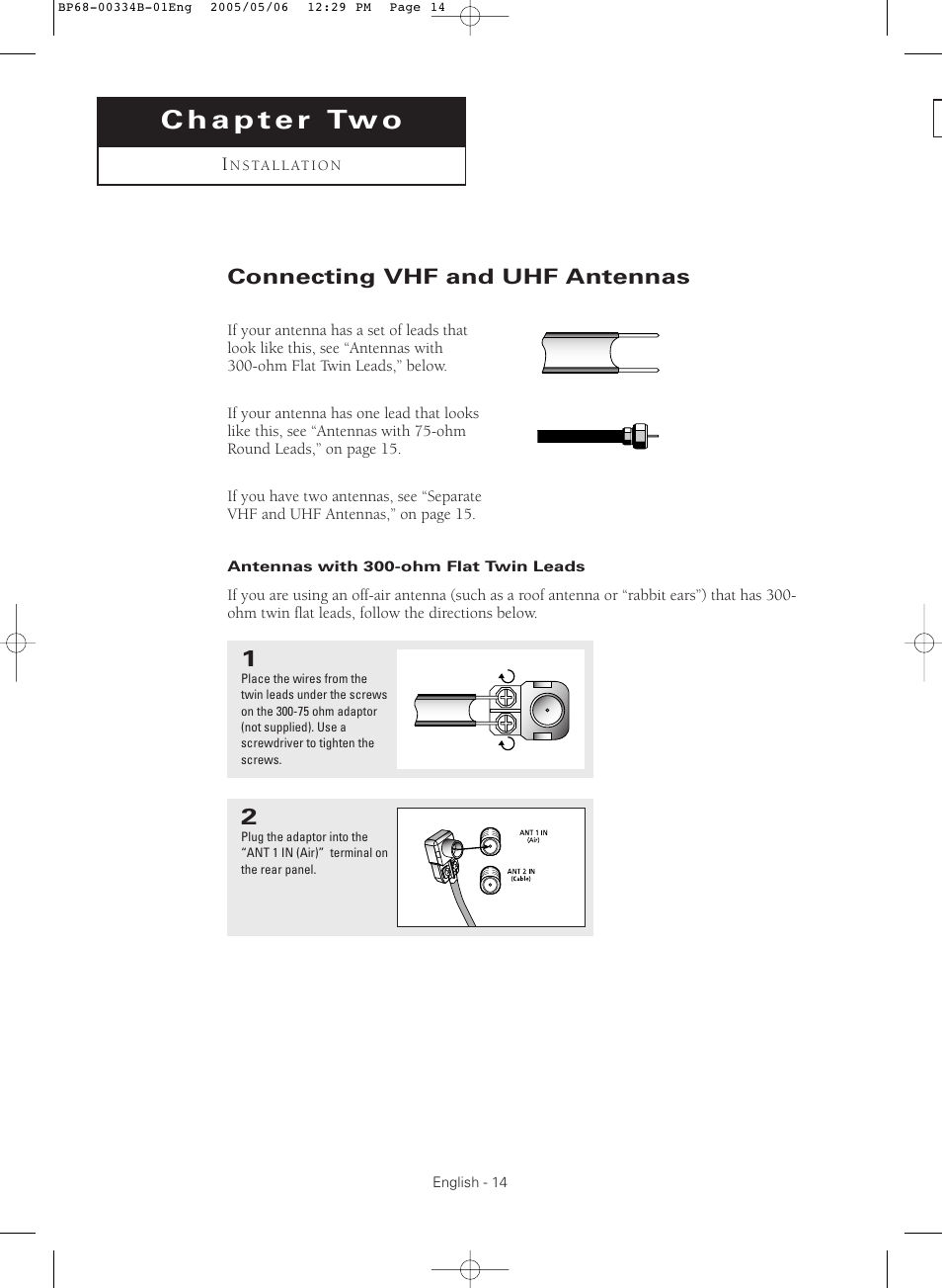 Chapter two : installation, Connecting vhf and uhf antennas, Antennas with 300-ohm flat twin leads | Samsung HC-R4245W User Manual | Page 14 / 80