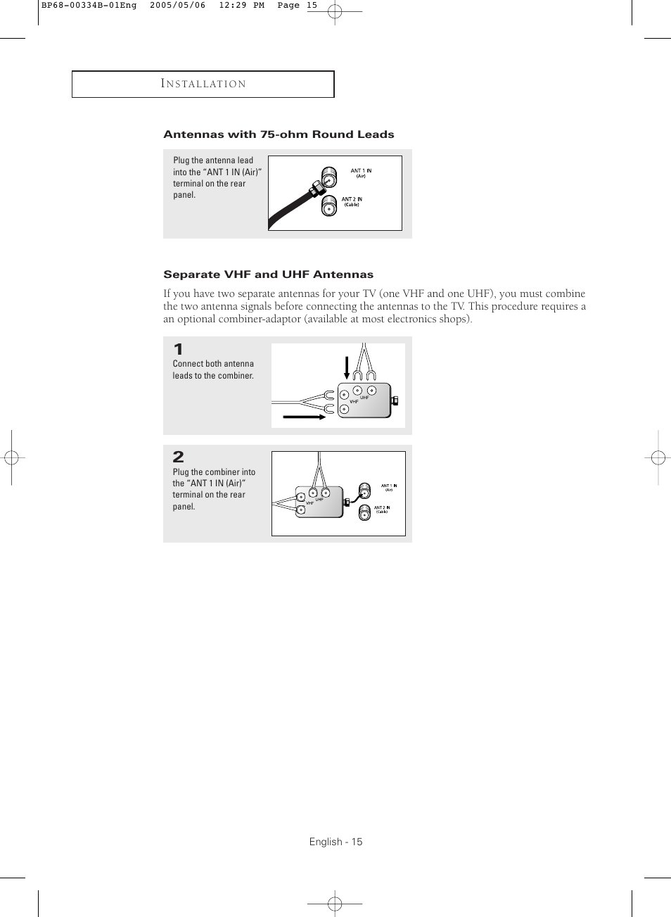 Antennas with 75-ohm round leads, Separate vhf and uhf antennas | Samsung HC-R4245W User Manual | Page 15 / 80