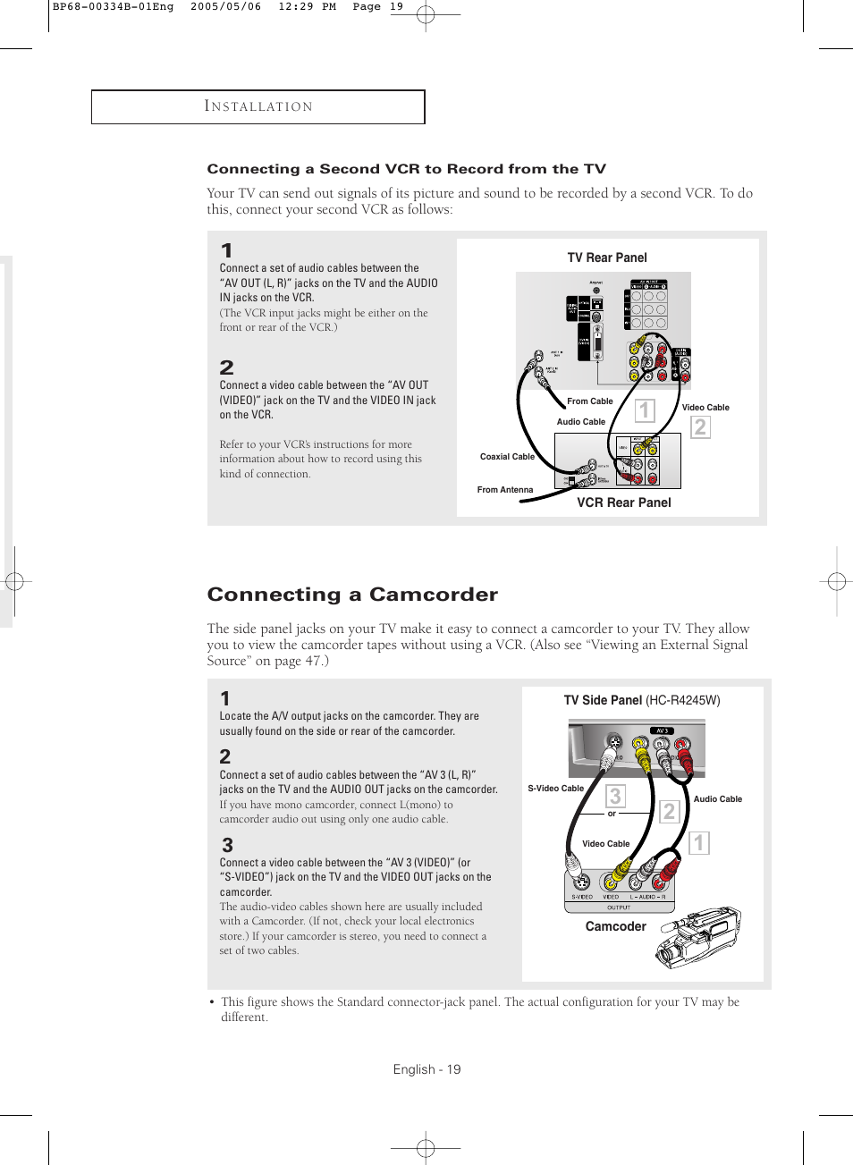 Connecting a second vcr to record from the tv, Connecting a camcorder | Samsung HC-R4245W User Manual | Page 19 / 80