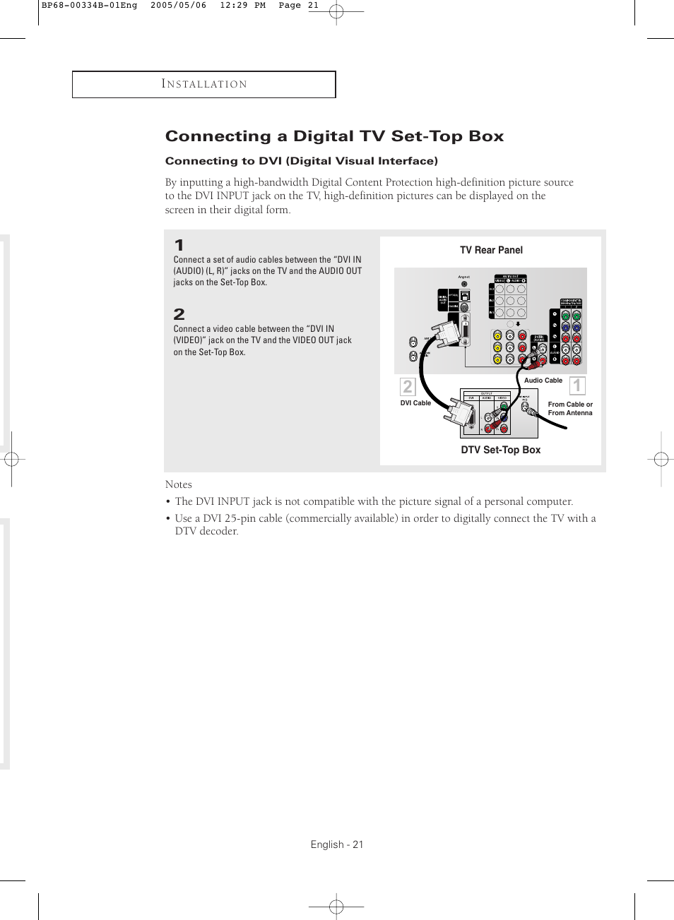 Connecting a digital tv set-top box, Connecting to dvi (digital visual interface) | Samsung HC-R4245W User Manual | Page 21 / 80