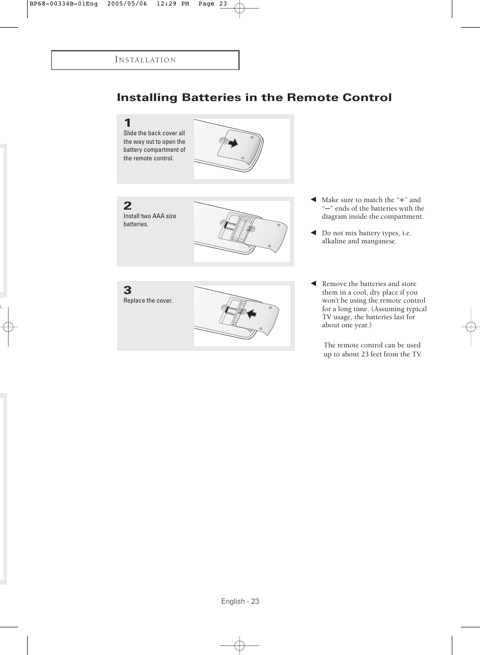 Installing batteries in the remote control | Samsung HC-R4245W User Manual | Page 23 / 80