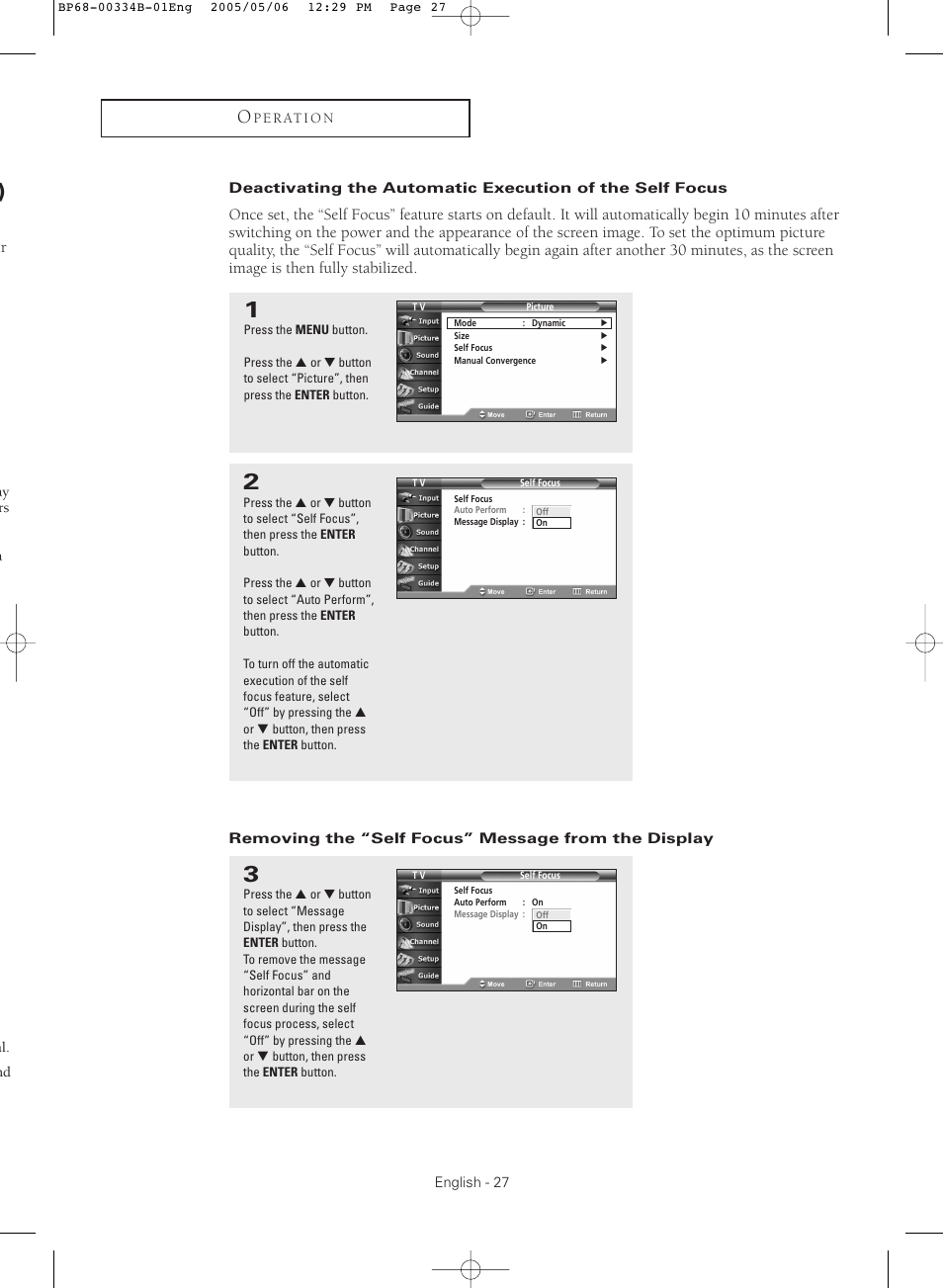 Removing the “self focus” message from the display | Samsung HC-R4245W User Manual | Page 27 / 80