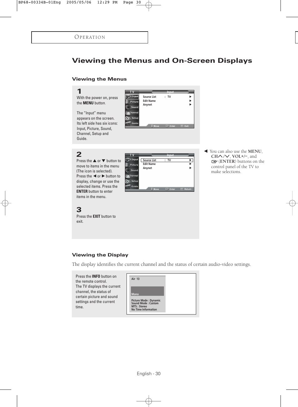 Viewing the menus and on-screen displays, Viewing the menus, Viewing the display | Samsung HC-R4245W User Manual | Page 30 / 80
