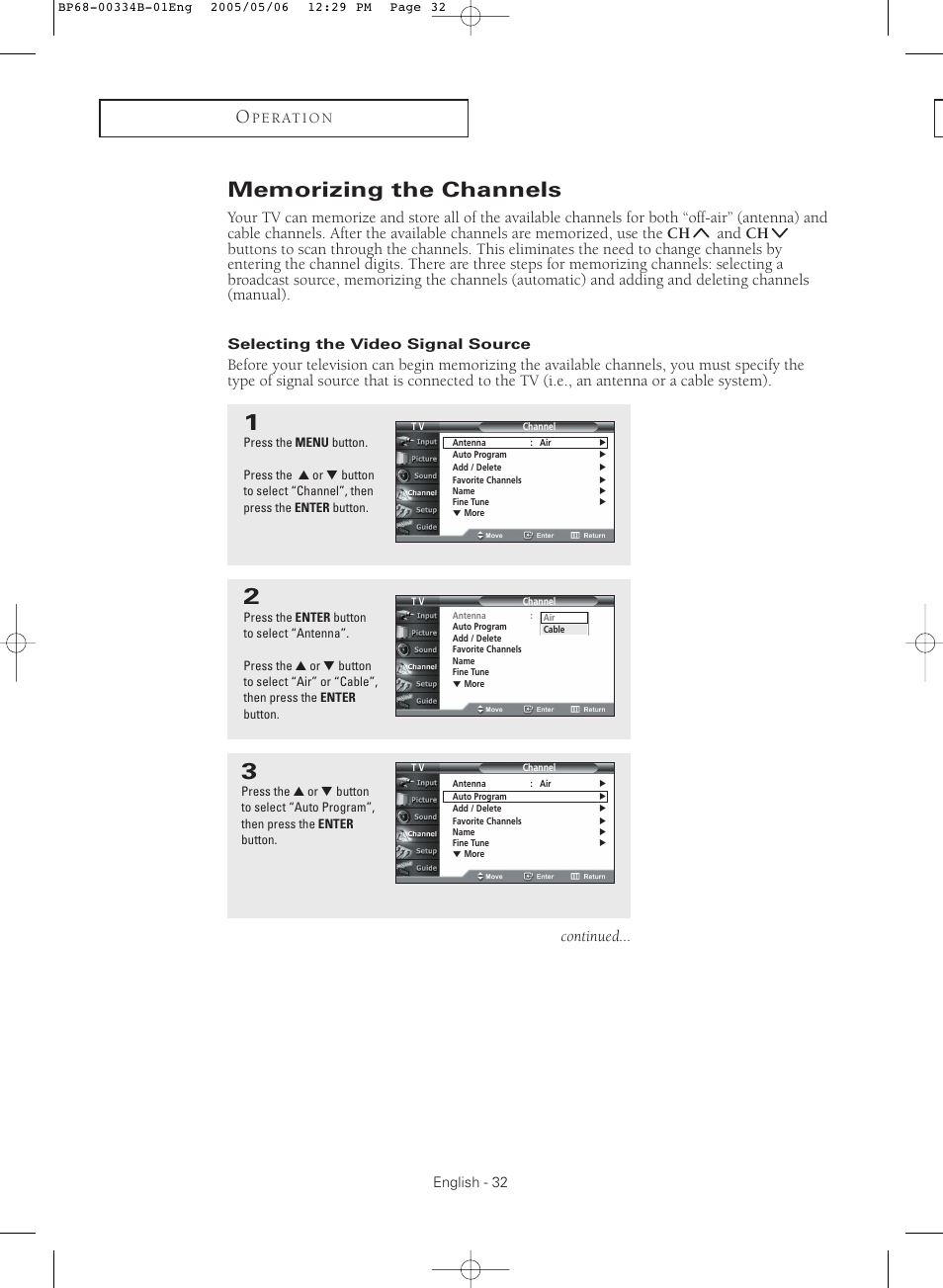 Memorizing the channels, Selecting the video signal source, Continued | Samsung HC-R4245W User Manual | Page 32 / 80