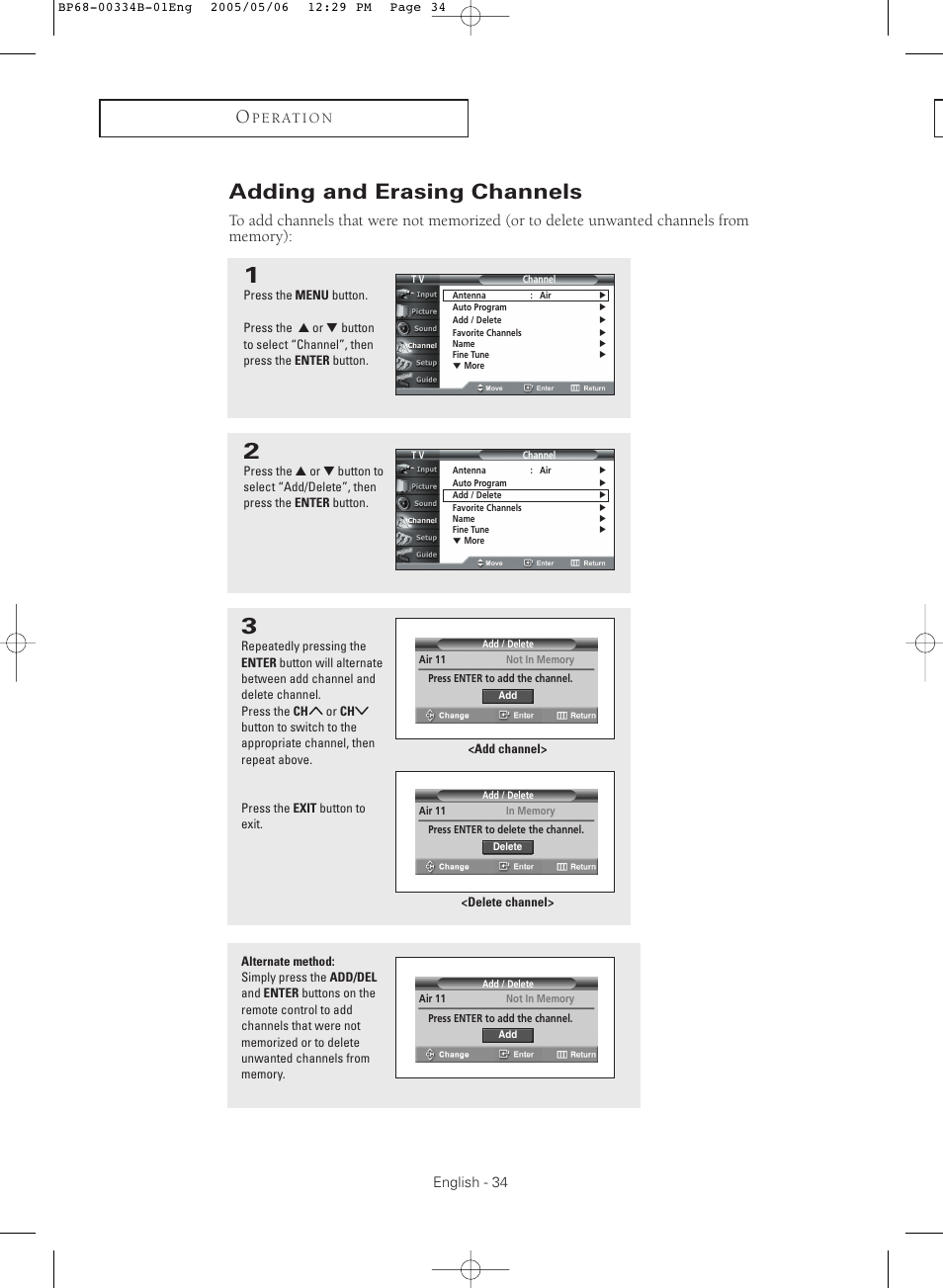 Adding and erasing channels | Samsung HC-R4245W User Manual | Page 34 / 80
