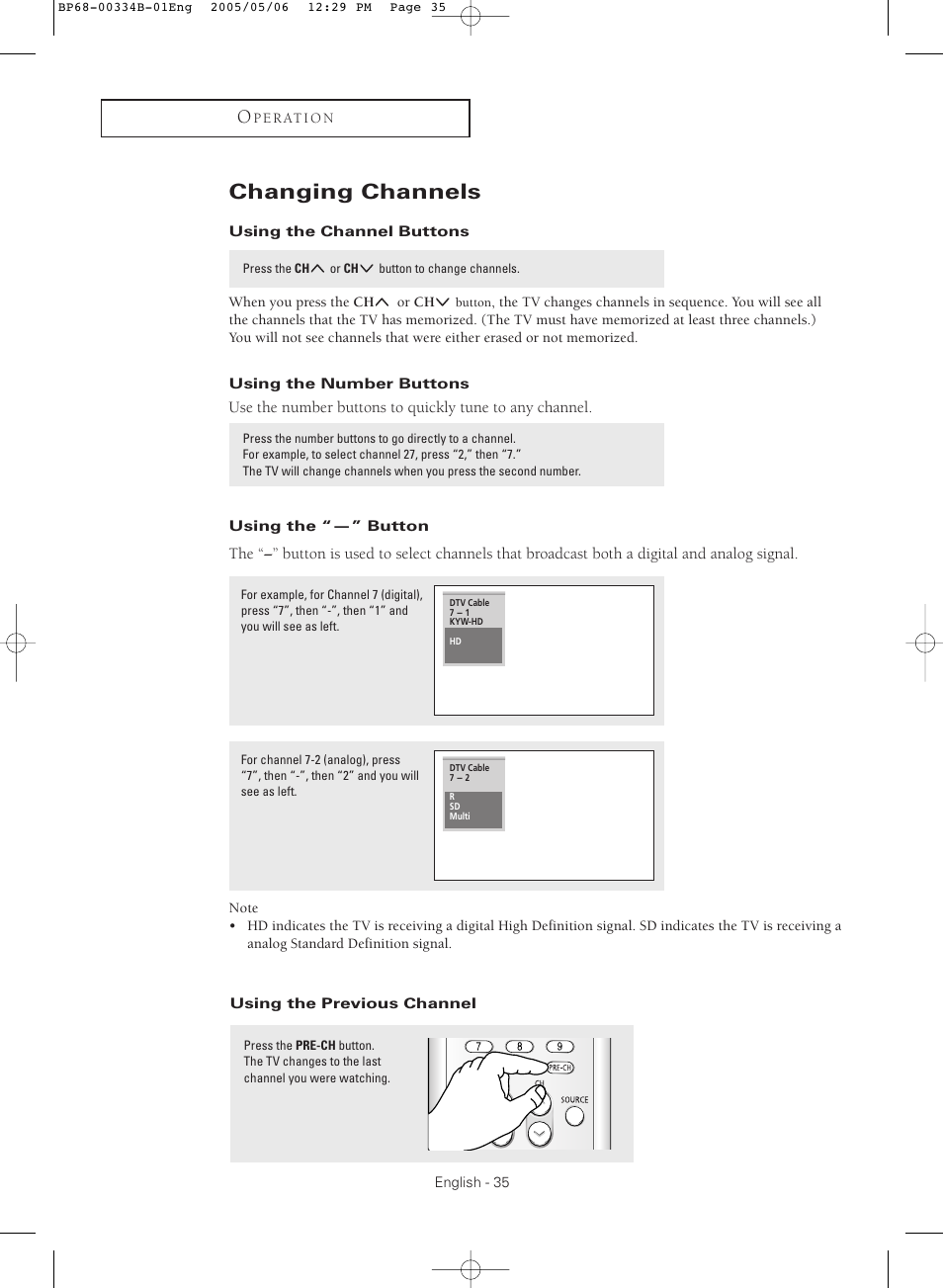 Changing channels, Using the channel buttons, Using the number buttons | Using the “-” button, Using the previous channel | Samsung HC-R4245W User Manual | Page 35 / 80