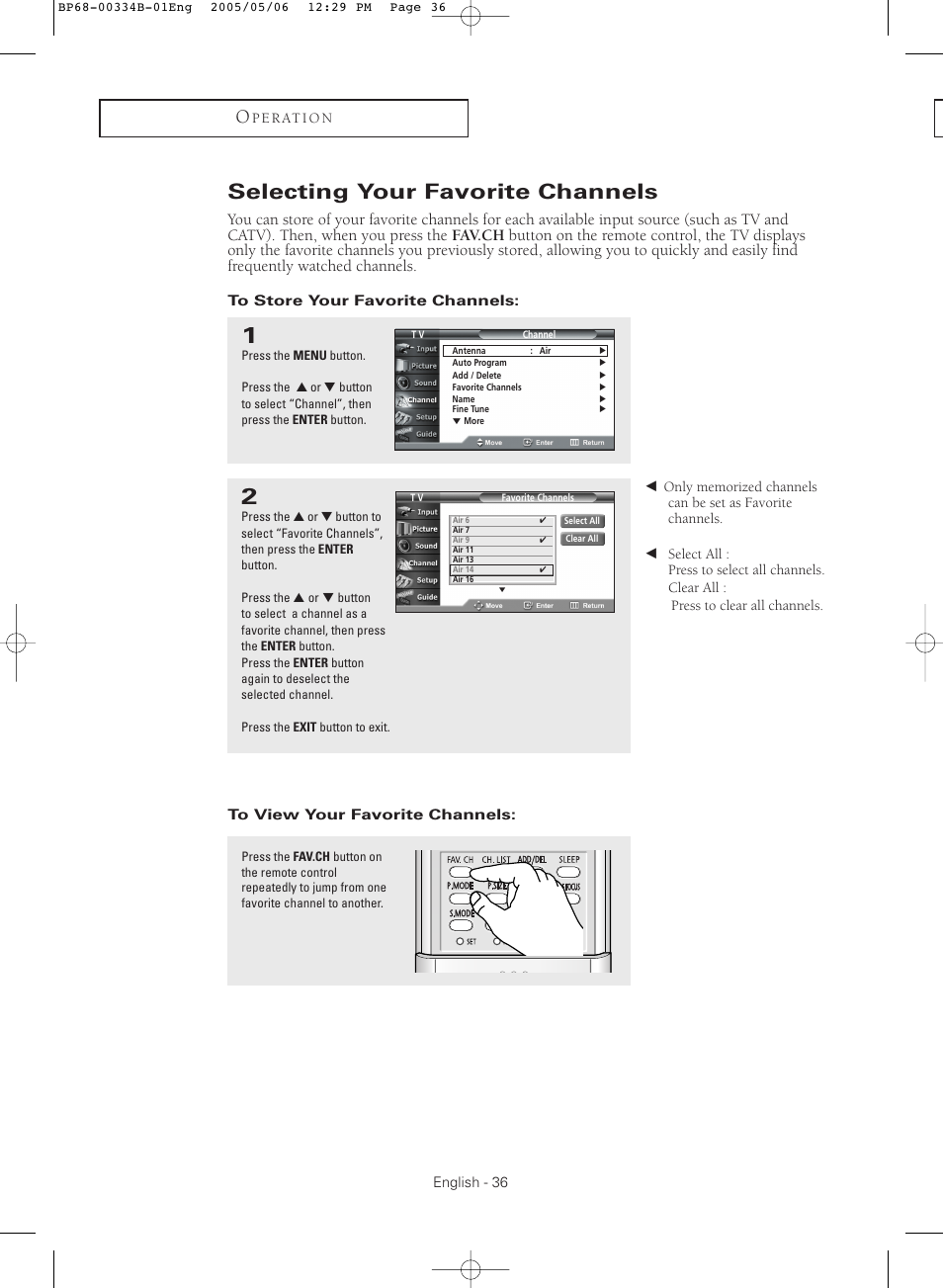Selecting your favorite channels, To store your favorite channels, To view your favorite channels | Samsung HC-R4245W User Manual | Page 36 / 80