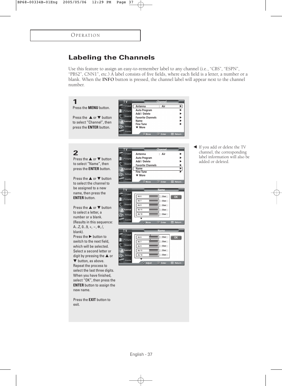 Labeling the channels, English - 37, P e r at i o n | Samsung HC-R4245W User Manual | Page 37 / 80