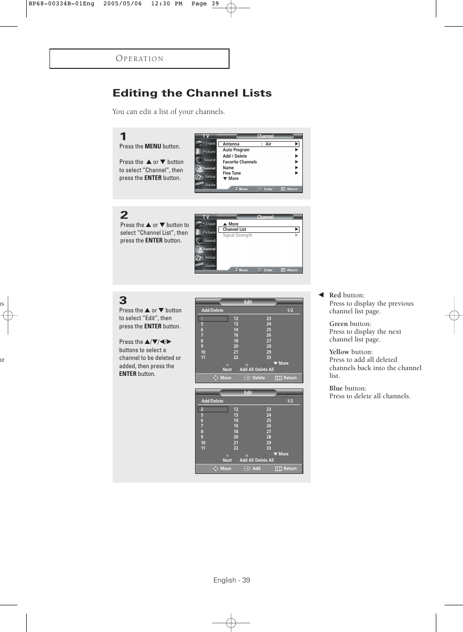 Editing the channel lists, You can edit a list of your channels | Samsung HC-R4245W User Manual | Page 39 / 80