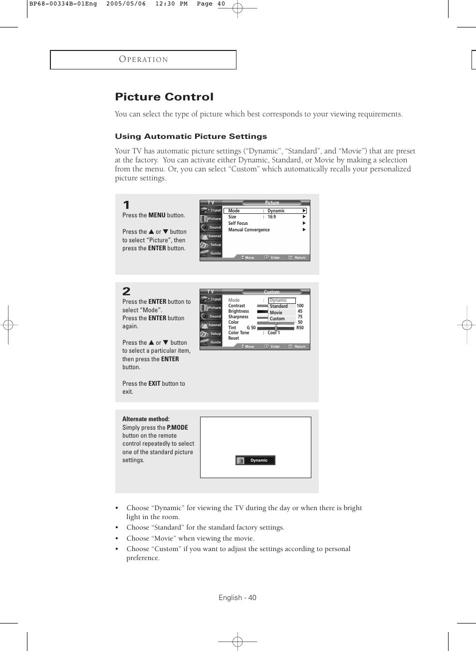 Picture control, Using automatic picture settings | Samsung HC-R4245W User Manual | Page 40 / 80