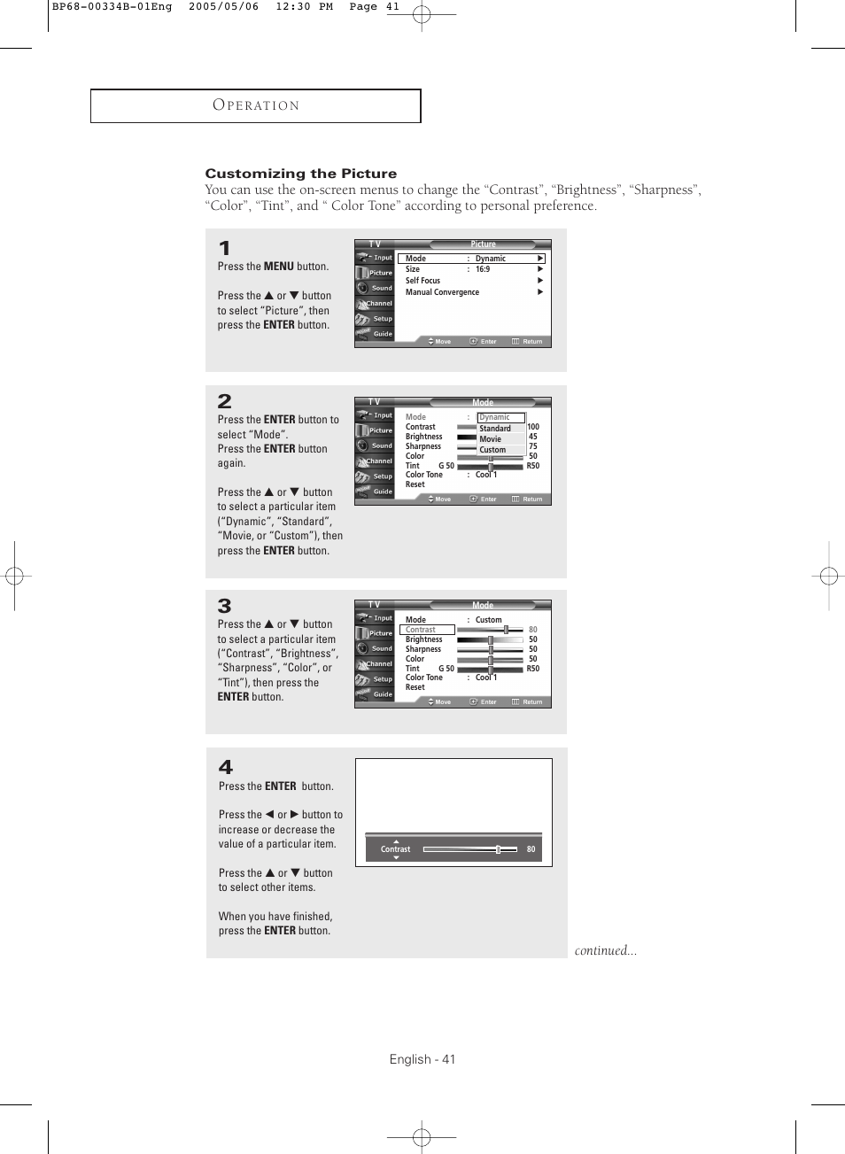 Customizing the picture, Continued | Samsung HC-R4245W User Manual | Page 41 / 80