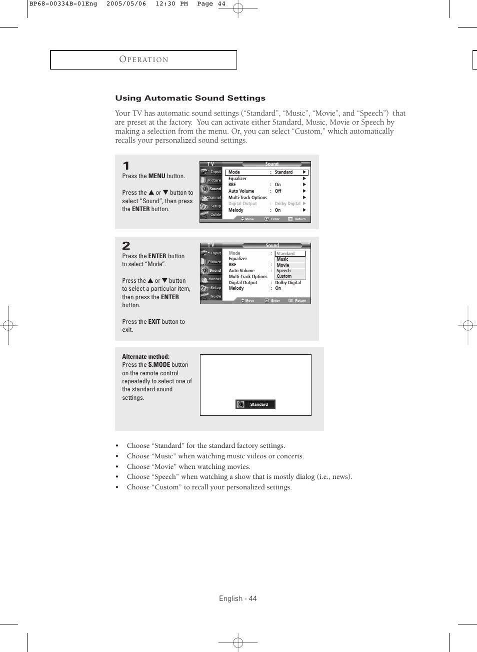 Using automatic sound settings | Samsung HC-R4245W User Manual | Page 44 / 80