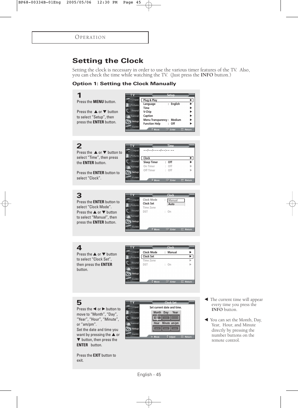 Setting the clock, Option 1: setting the clock manually | Samsung HC-R4245W User Manual | Page 45 / 80