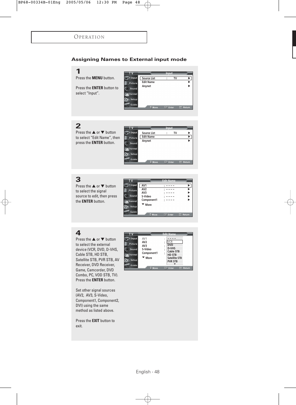 Assigning names to external input mode | Samsung HC-R4245W User Manual | Page 48 / 80