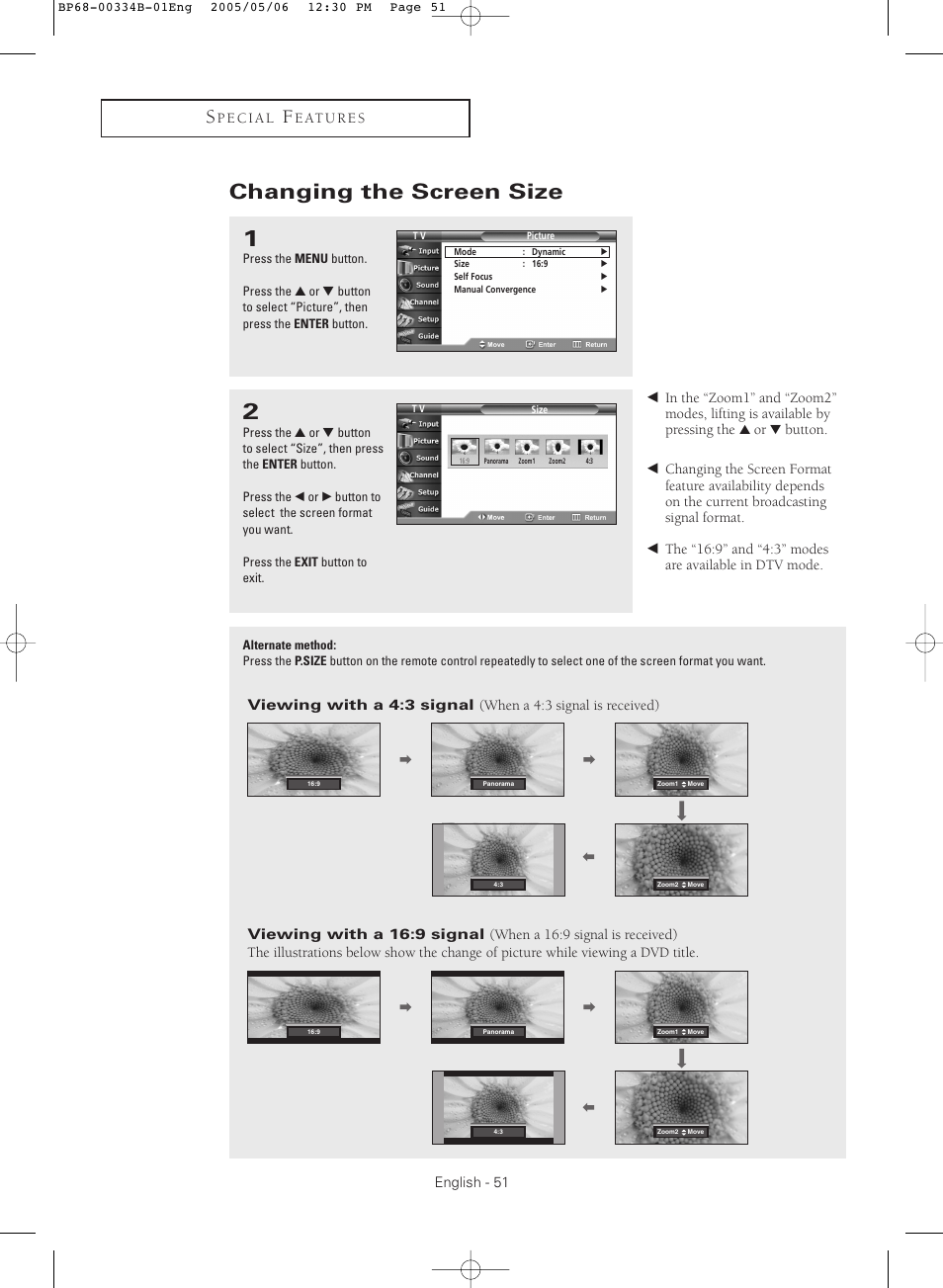Changing the screen size | Samsung HC-R4245W User Manual | Page 51 / 80