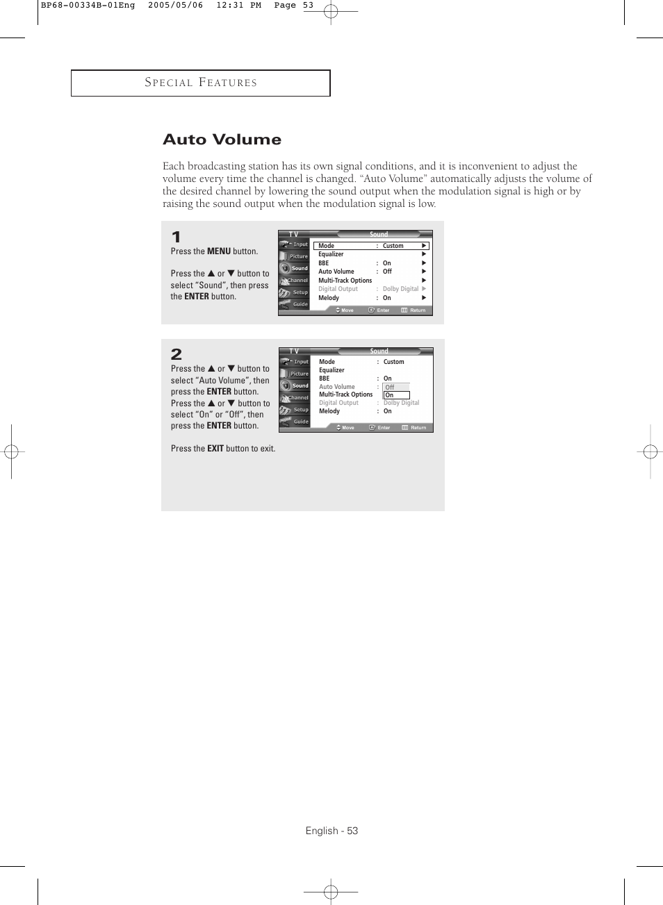 Auto volume | Samsung HC-R4245W User Manual | Page 53 / 80
