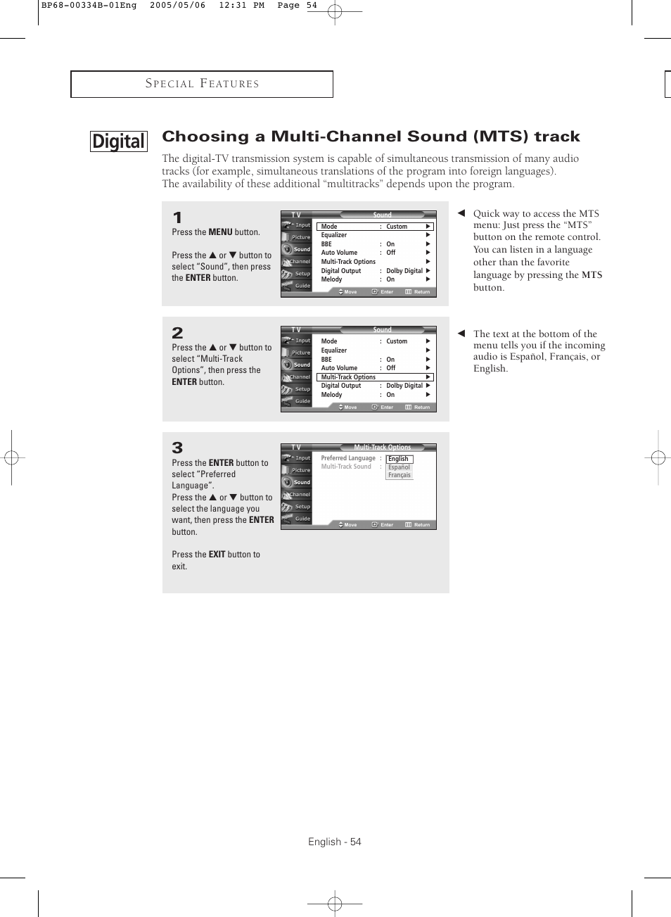 Choosing a multi-channel sound (mts) track digital, Digital, Choosing a multi-channel sound (mts) track | Samsung HC-R4245W User Manual | Page 54 / 80
