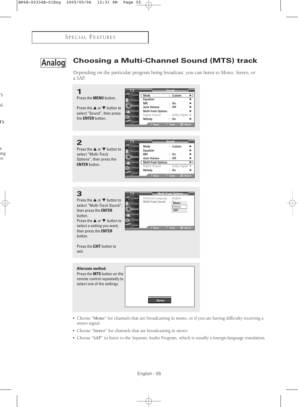 Choosing a multi-channel sound (mts) track, Analog | Samsung HC-R4245W User Manual | Page 55 / 80