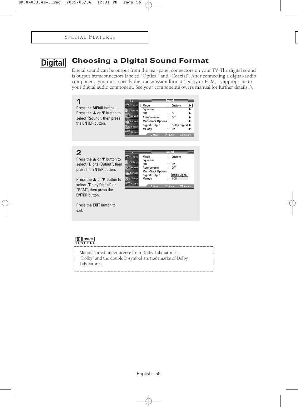 Choosing a digital sound format, Digital | Samsung HC-R4245W User Manual | Page 56 / 80