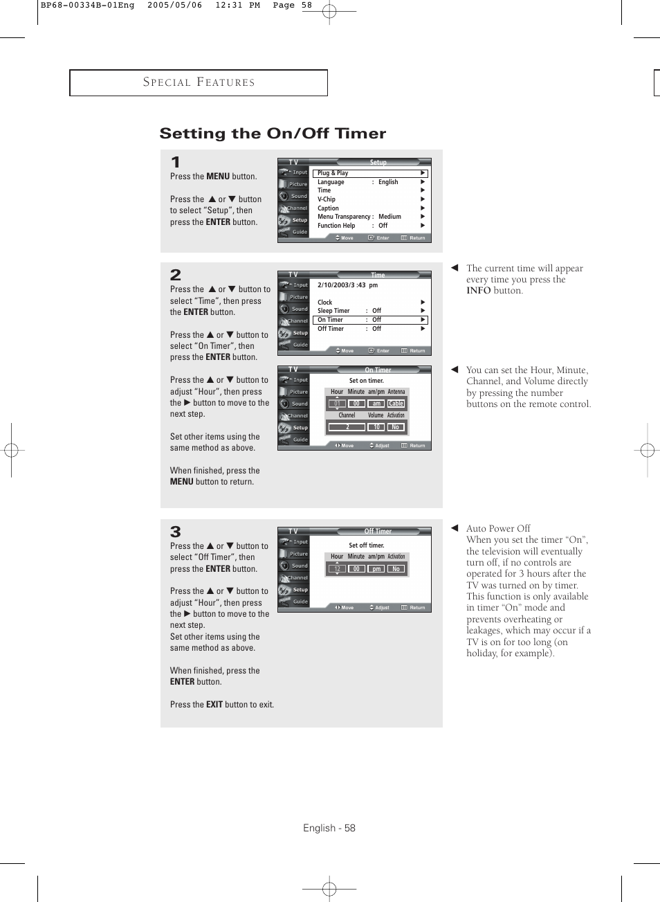Setting the on/off timer | Samsung HC-R4245W User Manual | Page 58 / 80