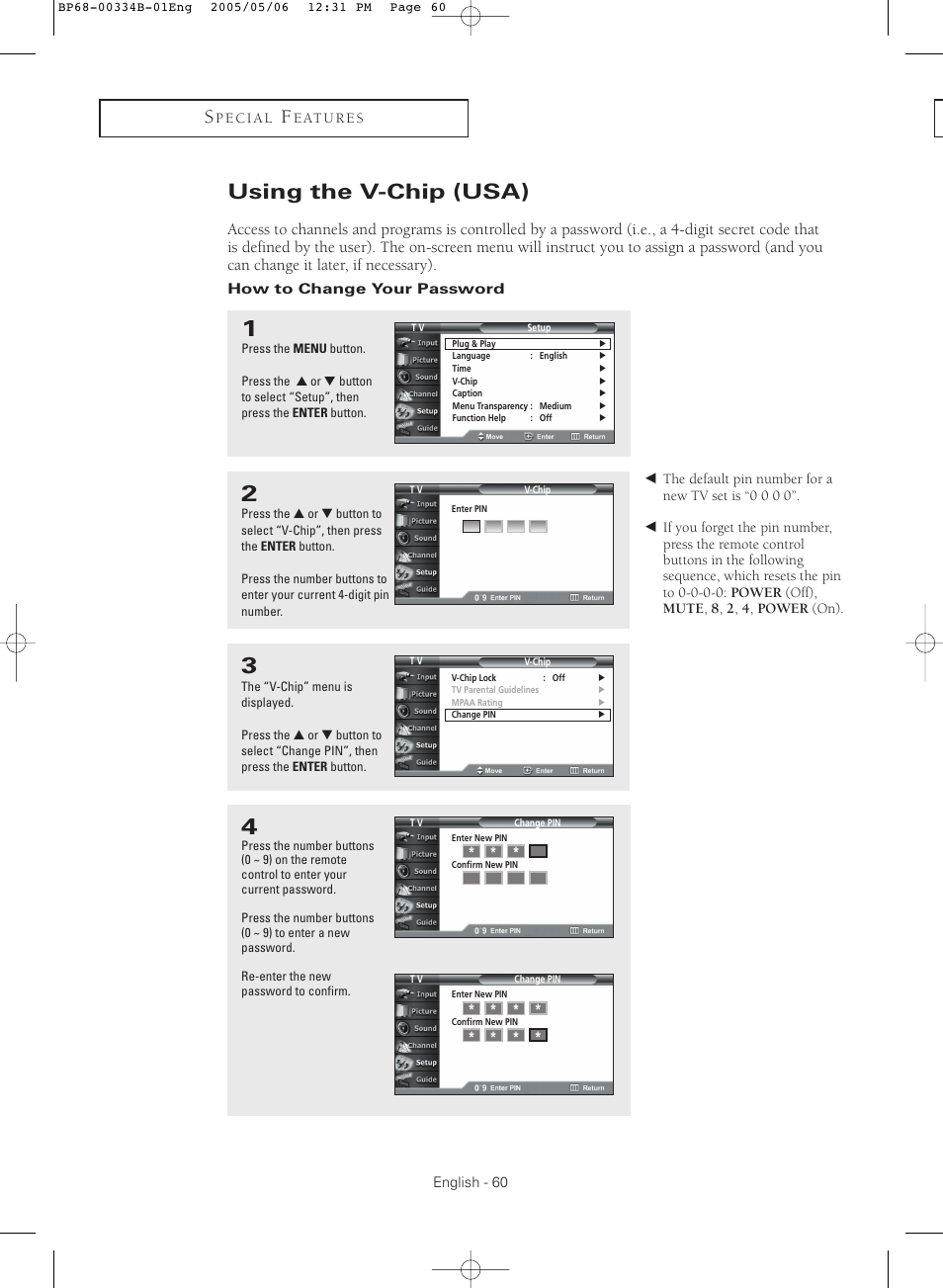 Using the v-chip (usa), How to change your password | Samsung HC-R4245W User Manual | Page 60 / 80