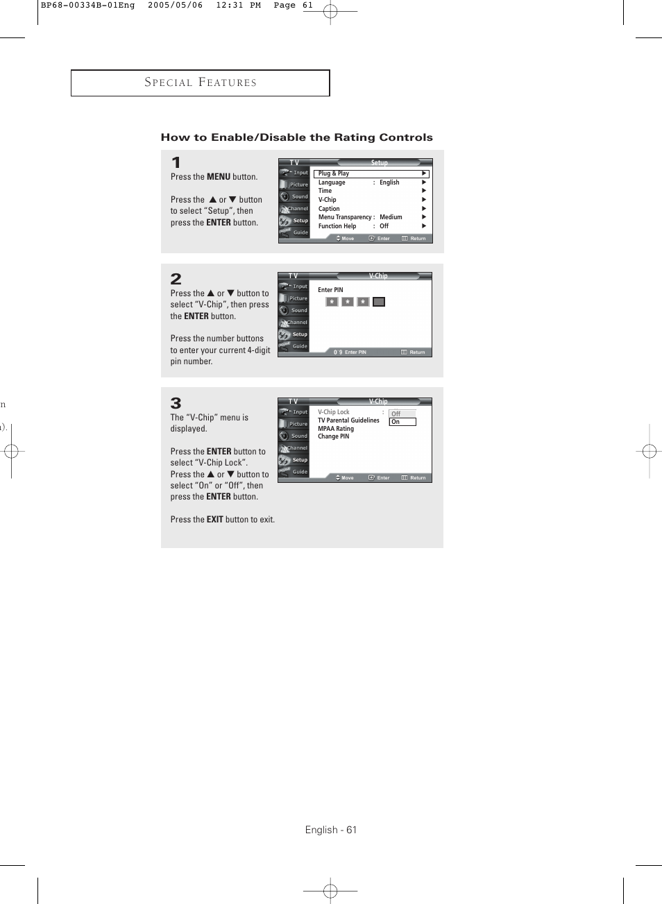 How to enable/disable the rating controls | Samsung HC-R4245W User Manual | Page 61 / 80