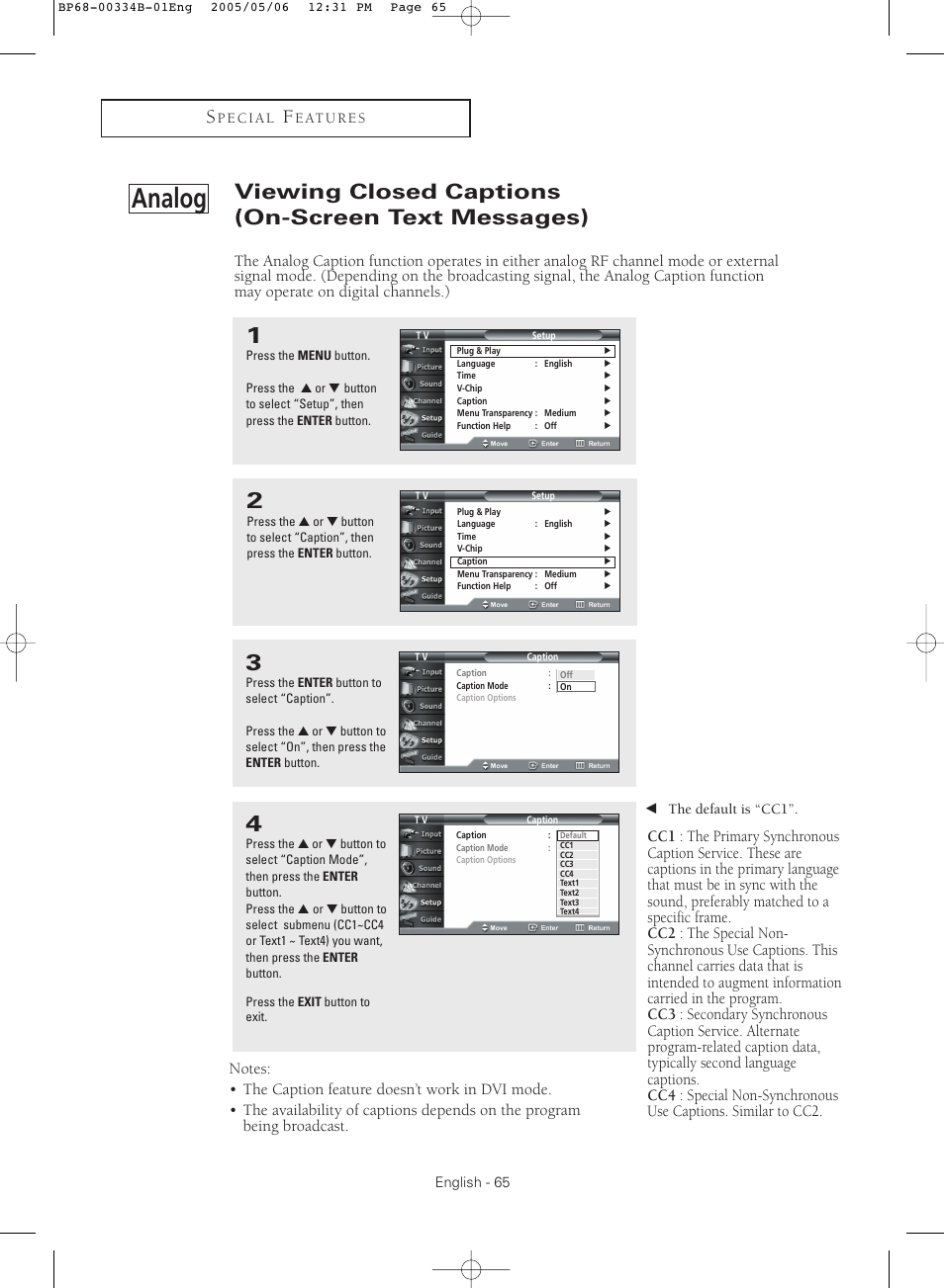 Viewing closed captions (on-screen text messages), Analog | Samsung HC-R4245W User Manual | Page 65 / 80