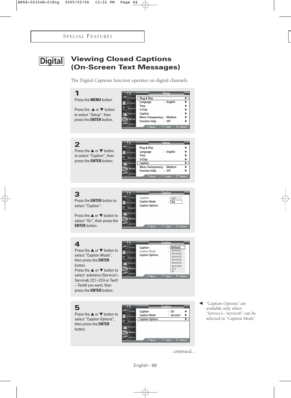 Viewing closed captions (on-screen text messages), Digital, Continued | Samsung HC-R4245W User Manual | Page 66 / 80