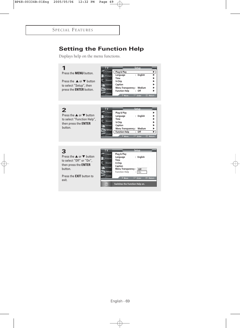Setting the function help, Displays help on the menu functions | Samsung HC-R4245W User Manual | Page 69 / 80