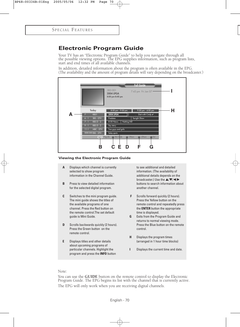 Electronic program guide, Viewing the electronic program guide, Ia h | Samsung HC-R4245W User Manual | Page 70 / 80
