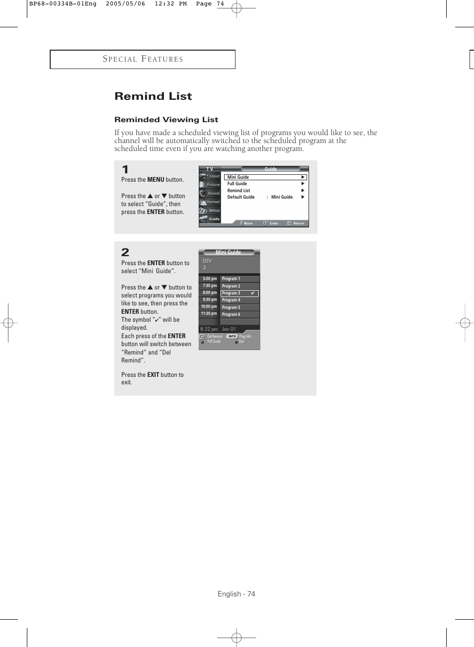 Remind list, Reminded viewing list | Samsung HC-R4245W User Manual | Page 74 / 80