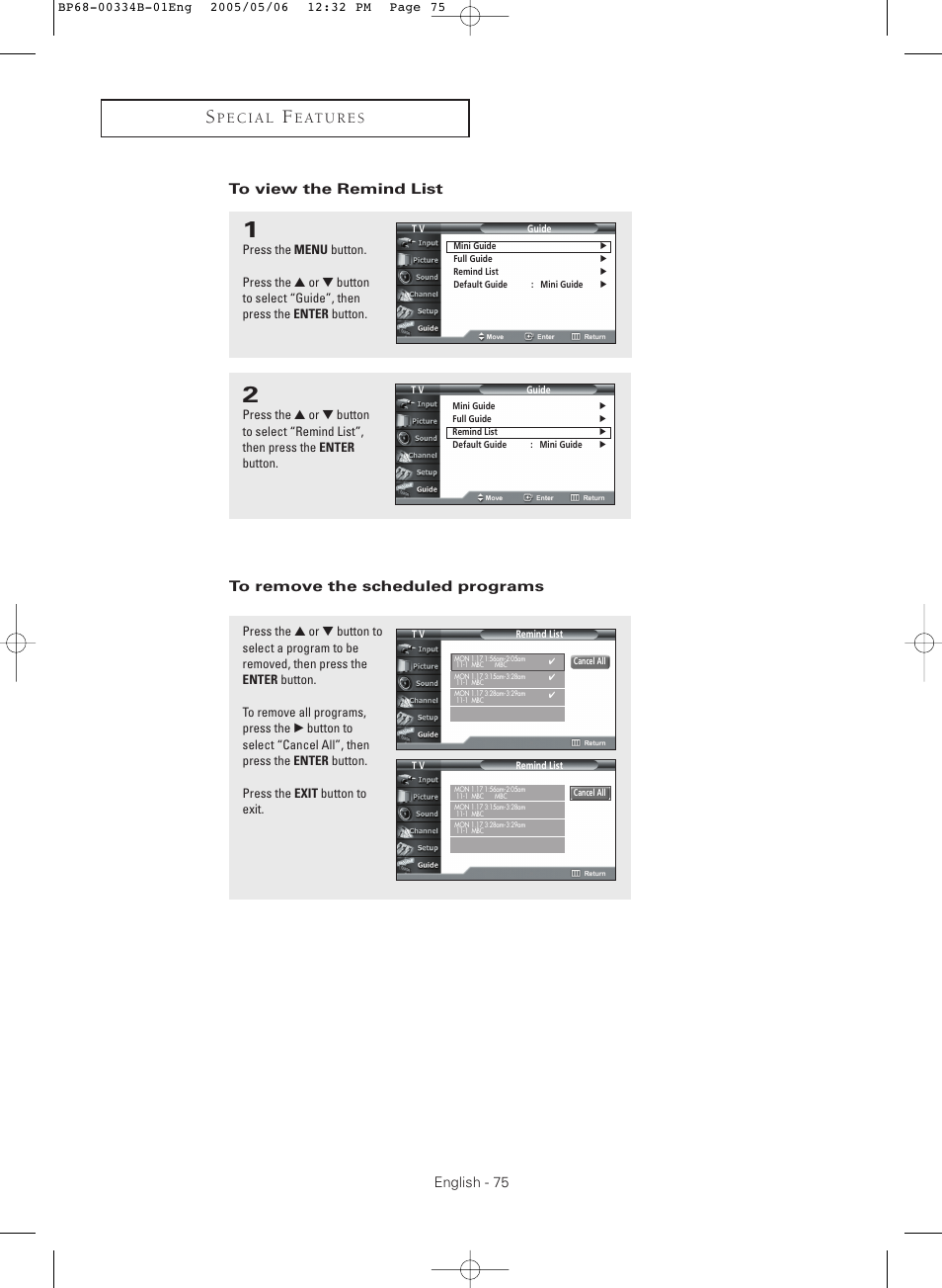 To view the remind list, To remove the scheduled programs | Samsung HC-R4245W User Manual | Page 75 / 80