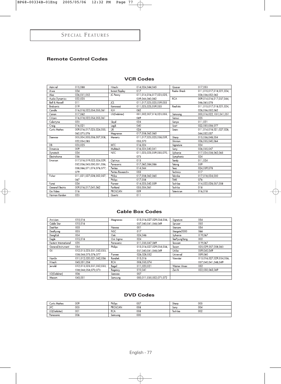 Remote control codes | Samsung HC-R4245W User Manual | Page 77 / 80