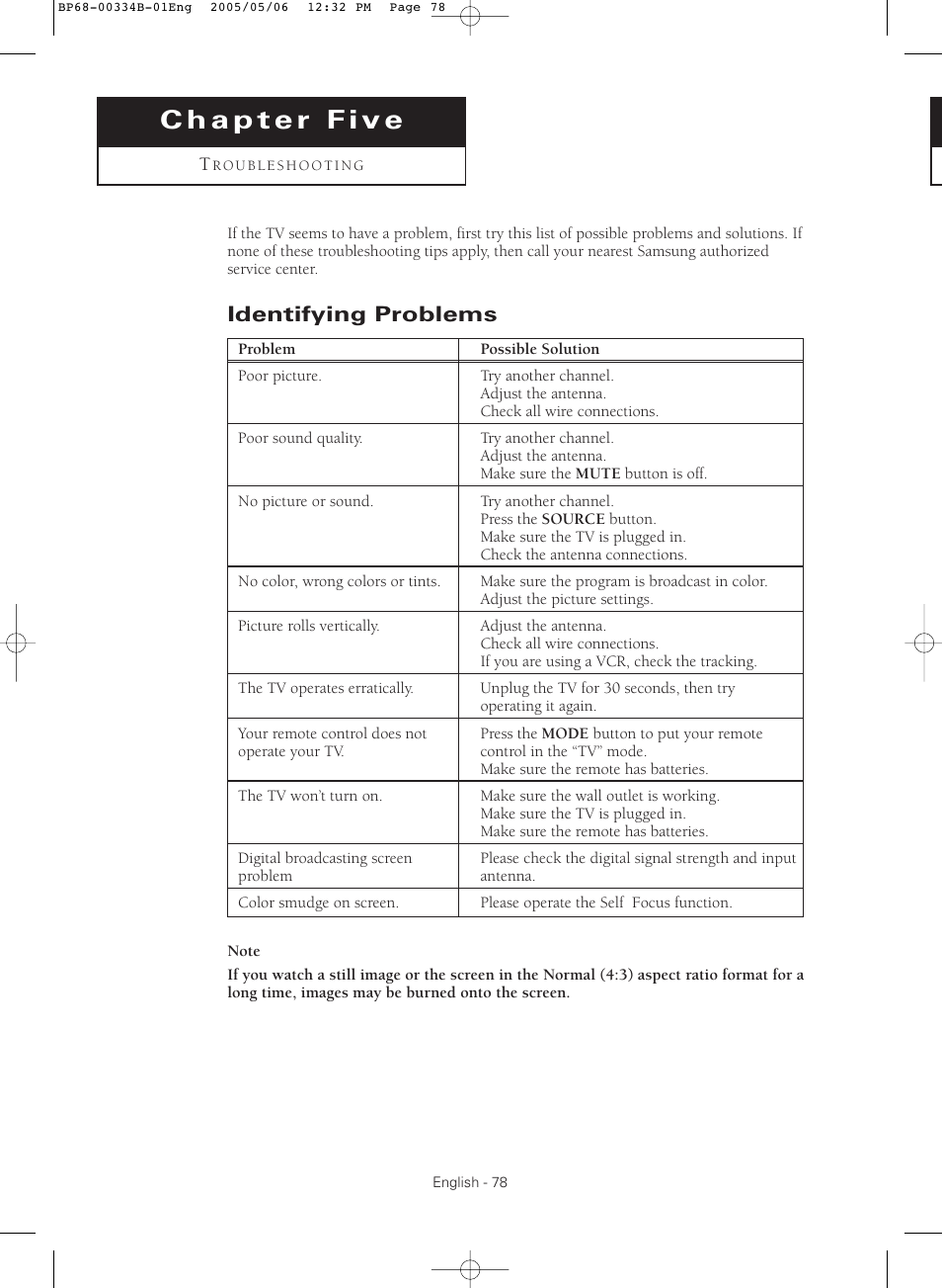 Chapter five : troubleshooting, Identifying problems | Samsung HC-R4245W User Manual | Page 78 / 80
