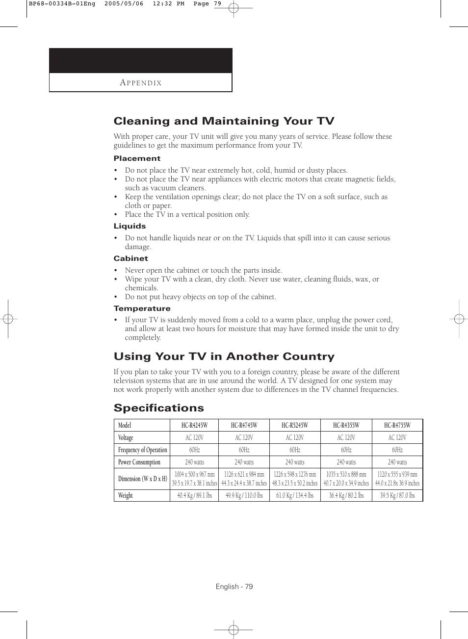 Appendix, Cleaning and maintaining your tv, Using your tv in another country | Specifications | Samsung HC-R4245W User Manual | Page 79 / 80