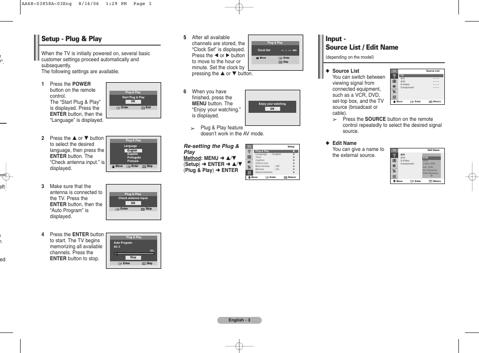 Setup - plug & play, Input - source list / edit name | Samsung CL29K40PQ User Manual | Page 3 / 8