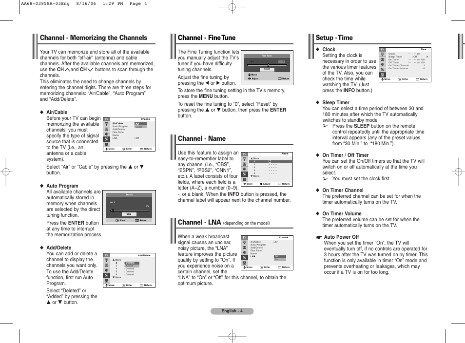 Channel - memorizing the channels, Channel - fine tune, Channel - name | Channel - lna (depending on the model), Setup - time, Channel - lna | Samsung CL29K40PQ User Manual | Page 4 / 8