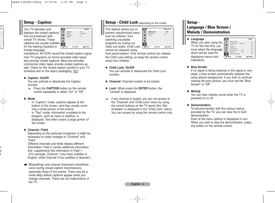 Setup - caption, Setup - child lock (depending on the model), Setup - child lock | Samsung CL29K40PQ User Manual | Page 5 / 8