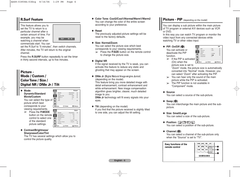 R.surf feature, Picture - pip (depending on the model), Picture - pip | Samsung CL29K40PQ User Manual | Page 6 / 8