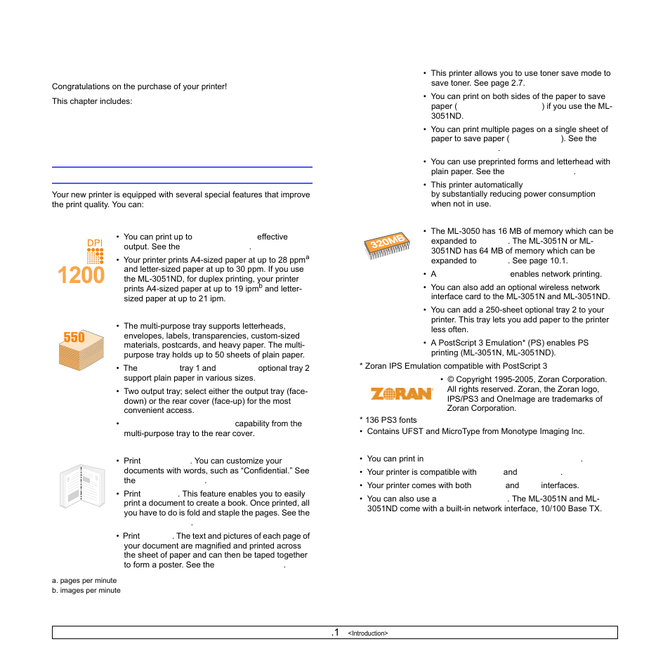 Introduction, Special features | Samsung ML-3051N User Manual | Page 11 / 102