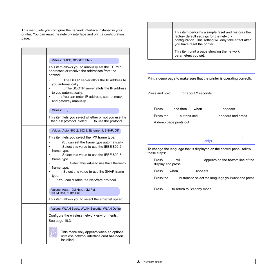 Network menu, Printing a demo page, Changing the display language | Samsung ML-3051N User Manual | Page 20 / 102