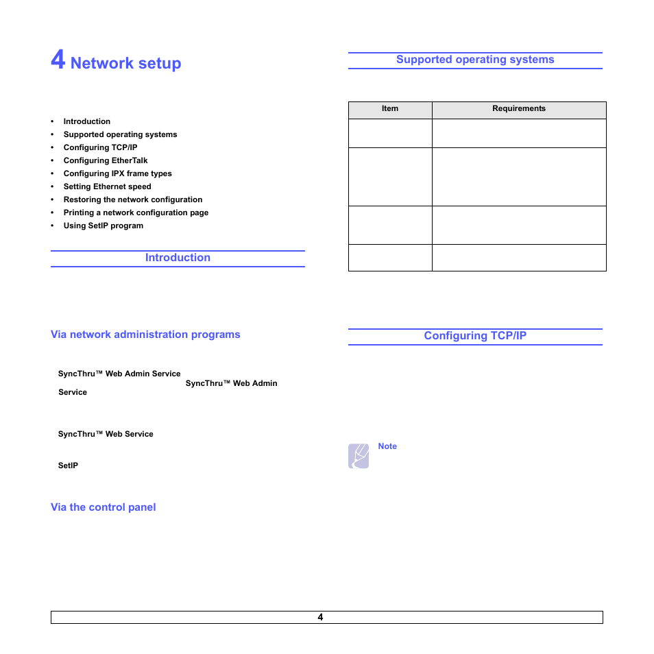 Network setup, Introduction, Via network administration programs | Via the control panel, Supported operating systems, Configuring tcp/ip | Samsung ML-3051N User Manual | Page 25 / 102