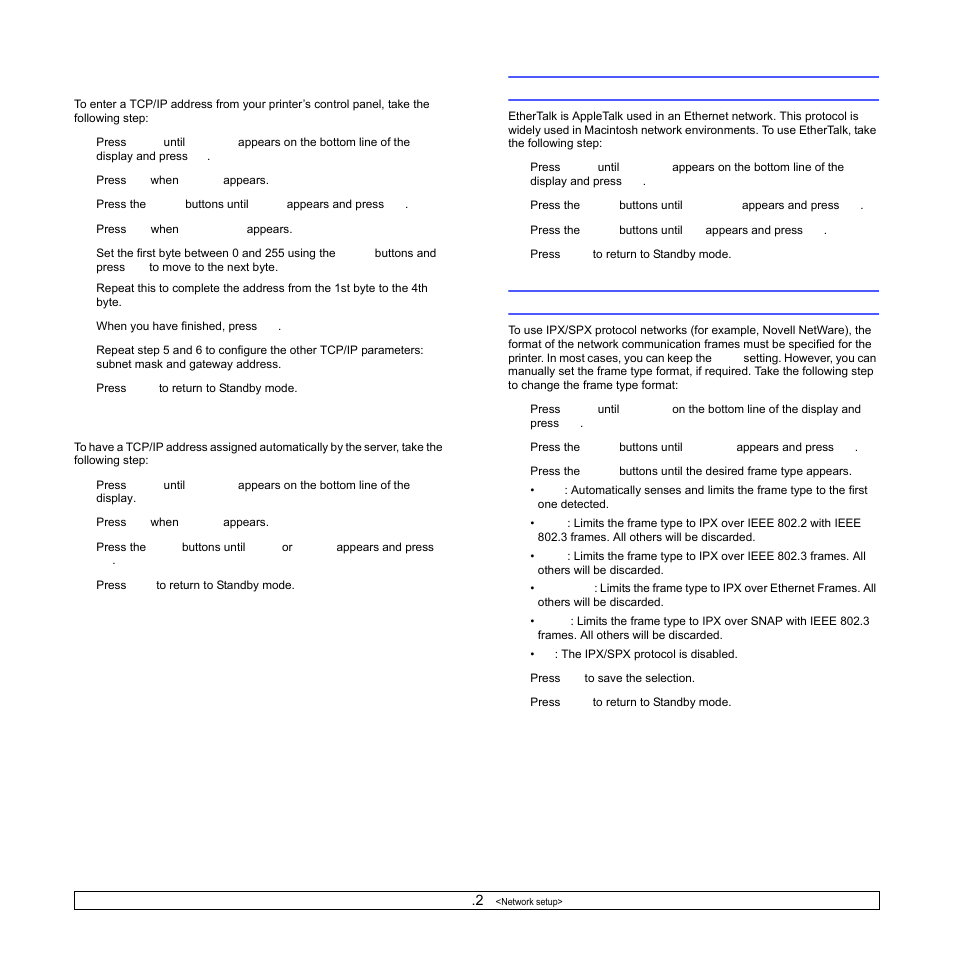Static addressing, Dynamic addressing (bootp/dhcp), Configuring ethertalk | Configuring ipx frame types, Configuring ethertalk configuring ipx frame types | Samsung ML-3051N User Manual | Page 26 / 102