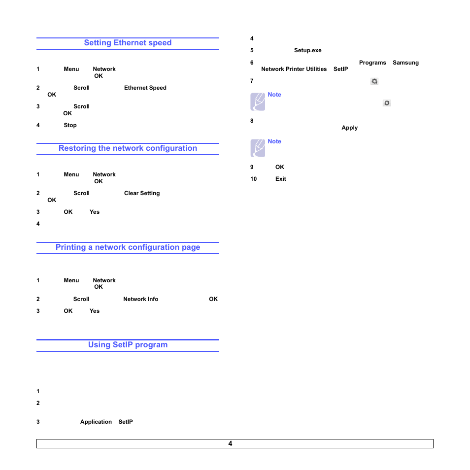 Setting ethernet speed, Restoring the network configuration, Using setip program | Printing a network configuration page | Samsung ML-3051N User Manual | Page 27 / 102