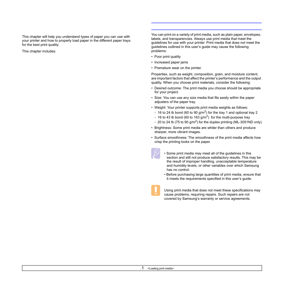 Loading print media, Selecting print media | Samsung ML-3051N User Manual | Page 28 / 102