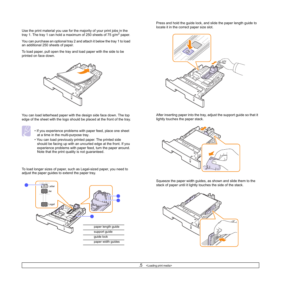 Using the tray 1 or the optional tray 2, Changing the size of the paper in the tray 1 | Samsung ML-3051N User Manual | Page 32 / 102