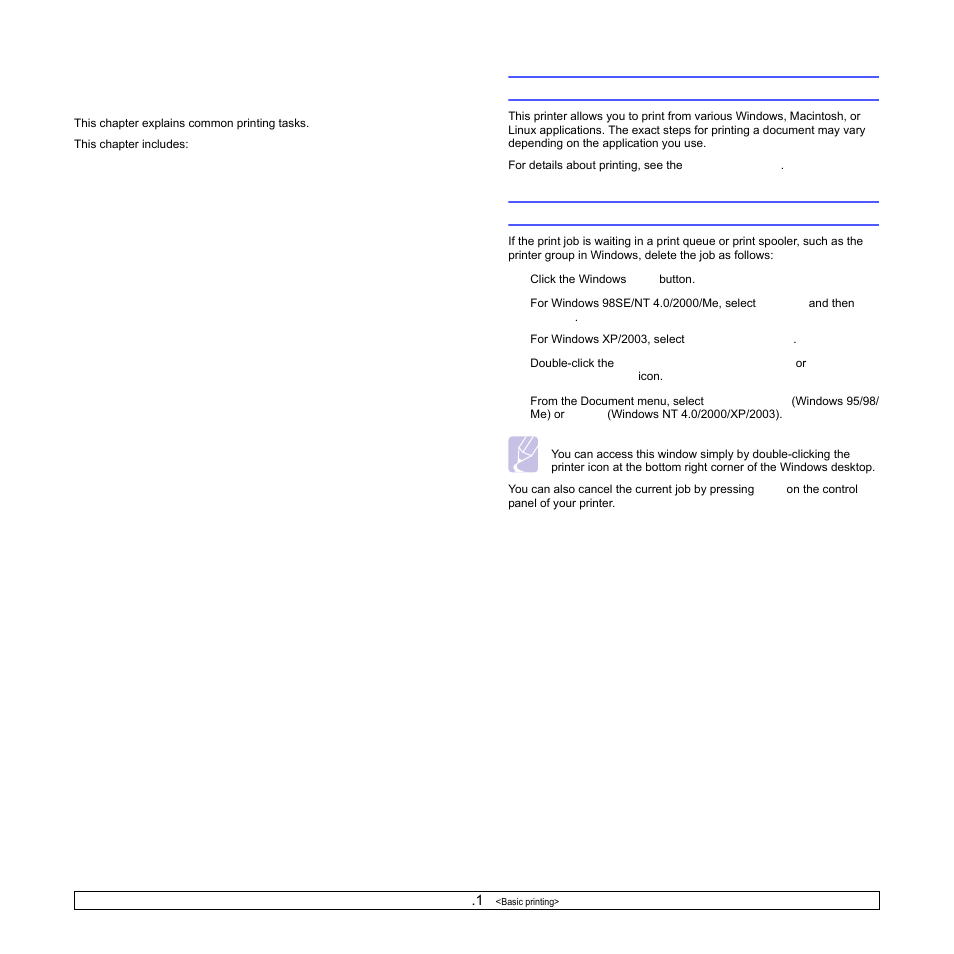 Basic printing, Printing a document, Canceling a print job | Printing a document canceling a print job | Samsung ML-3051N User Manual | Page 36 / 102